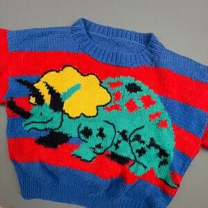 Handmade Dino Knit Sweater Kids 6/7 Bold Stripes Colorful Graphic